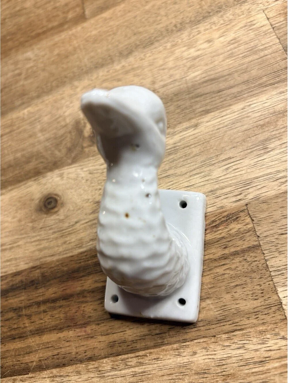Vtg White Ceramic Duck Goose Head  Towel Apron Hook Farm Kitchen Wall Set Of 2